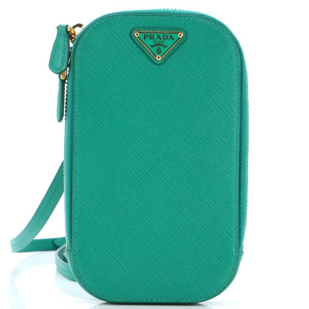 Prada Zip Phone Holder Crossbody Bag Saffiano Leather Green
